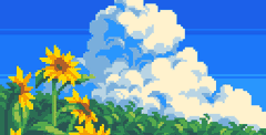 Pixel art: sunflowers under a summer cloud in a blue sky